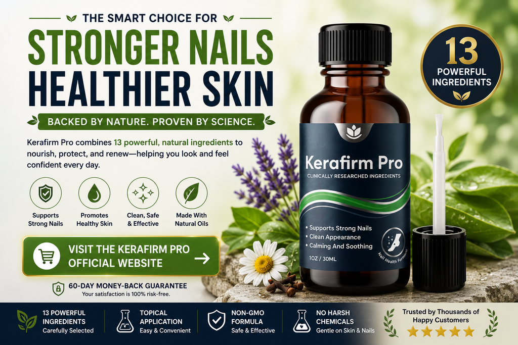 Kerafirm Pro nail and skin formula with 13 ingredients, precision applicator, and 60-day money-back guarantee