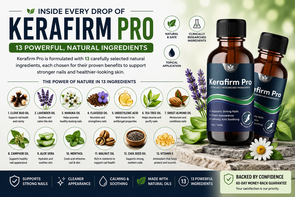Kerafirm Pro ingredients page showing 13 natural ingredients including tea tree oil, aloe vera, undecylenic acid, and vitamin E