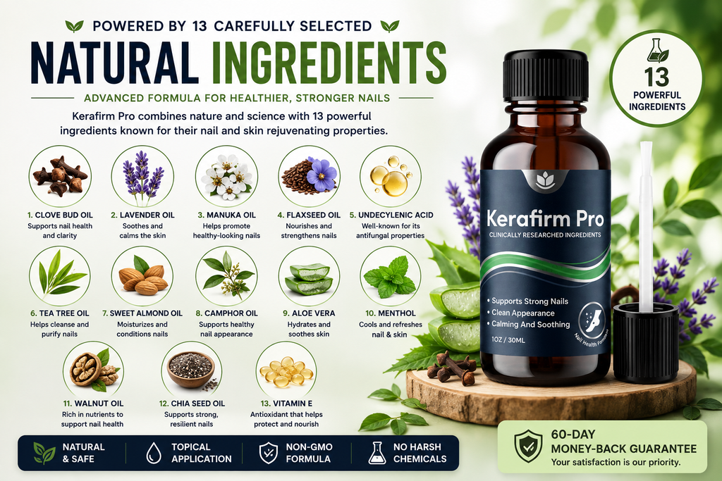 Kerafirm Pro ingredients showing 13 natural oils and nutrients in the topical nail and skin formula