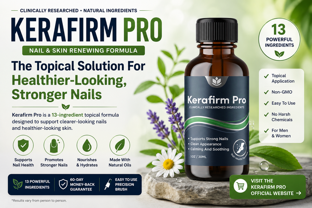 Kerafirm Pro topical nail and skin formula with 13 ingredients, precision brush, and 60-day money-back guarantee
